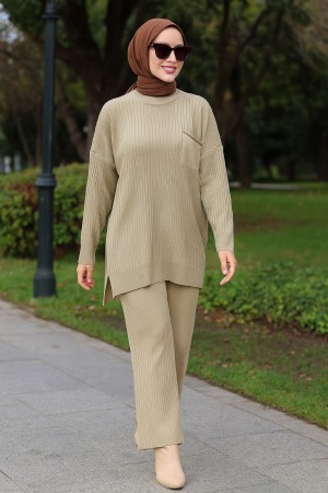 Beige Hijab For Women Knitwear Double Suit 34060BEJ - 1