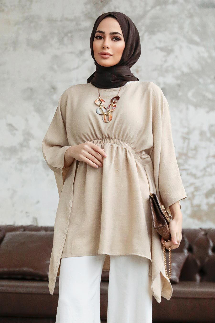 Neva Style - Beige Hijab For Women Poncho 41259BEJ