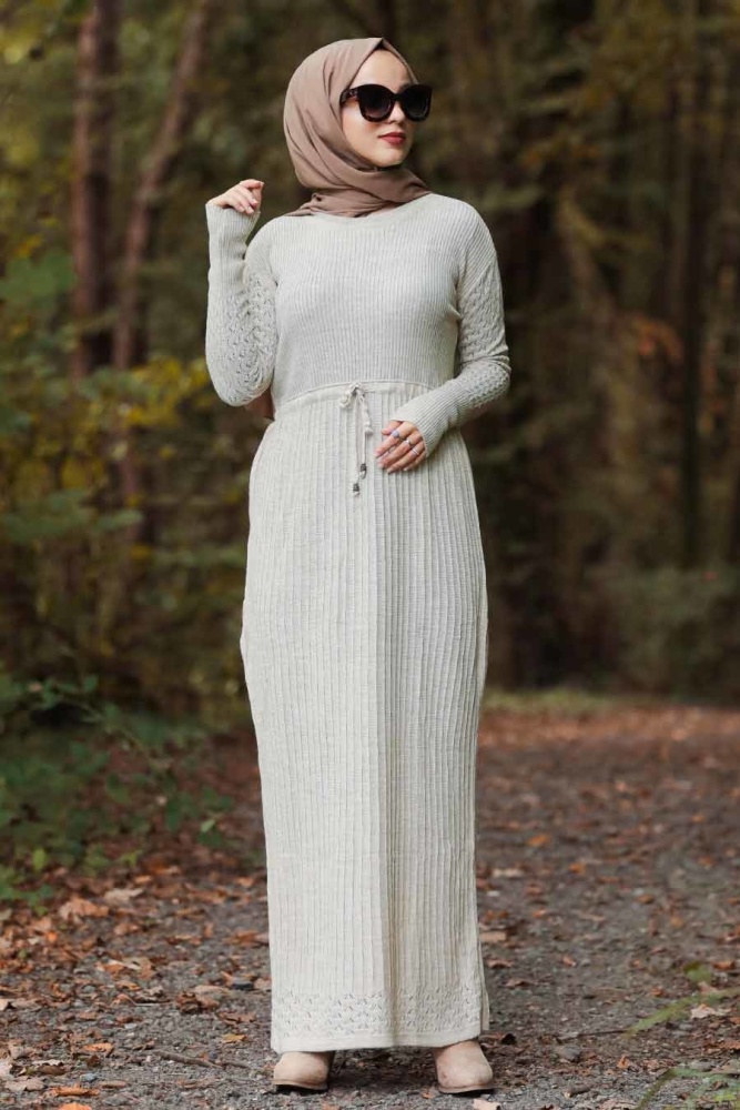 Neva Style - Beige Hijab Knitwear Dress 10176BEJ - 2