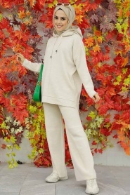 Neva Style - Beige Hijab Knitwear Islamic Clothing Dual Suit 25030BEJ - Thumbnail