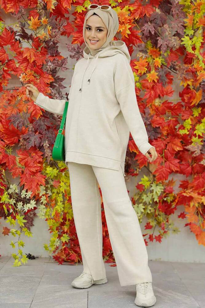 Neva Style - Beige Hijab Knitwear Islamic Clothing Dual Suit 25030BEJ - 2