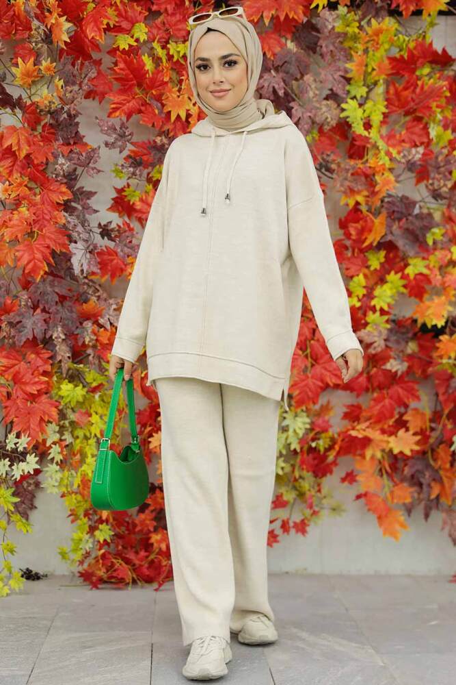 Neva Style - Beige Hijab Knitwear Islamic Clothing Dual Suit 25030BEJ - 3