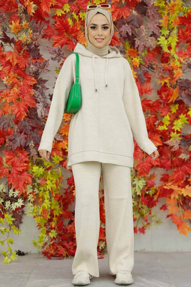 Neva Style - Beige Hijab Knitwear Islamic Clothing Dual Suit 25030BEJ - 1
