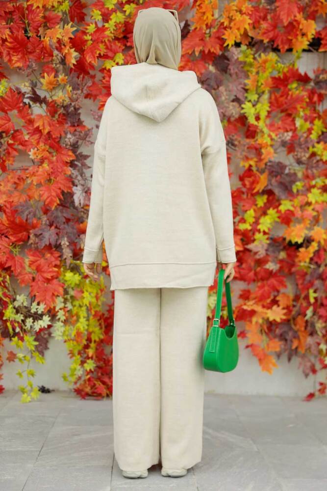 Neva Style - Beige Hijab Knitwear Islamic Clothing Dual Suit 25030BEJ - 4
