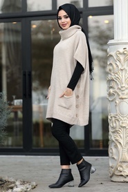 Neva Style - Beige Hijab knitwear poncho 19763BEJ - Thumbnail