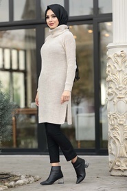 Neva Style - Beige Hijab Knitwear Tunic 2513BEJ - Thumbnail