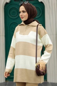 Neva Style - Beige Hijab Knitwear Tunic 27021BEJ - Thumbnail