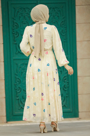 Beige Hijab Maxi Dress 13025BEJ - 4