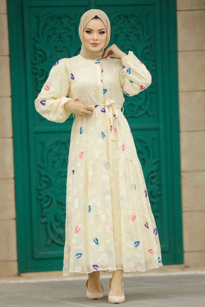 Beige Hijab Maxi Dress 13025BEJ - 2