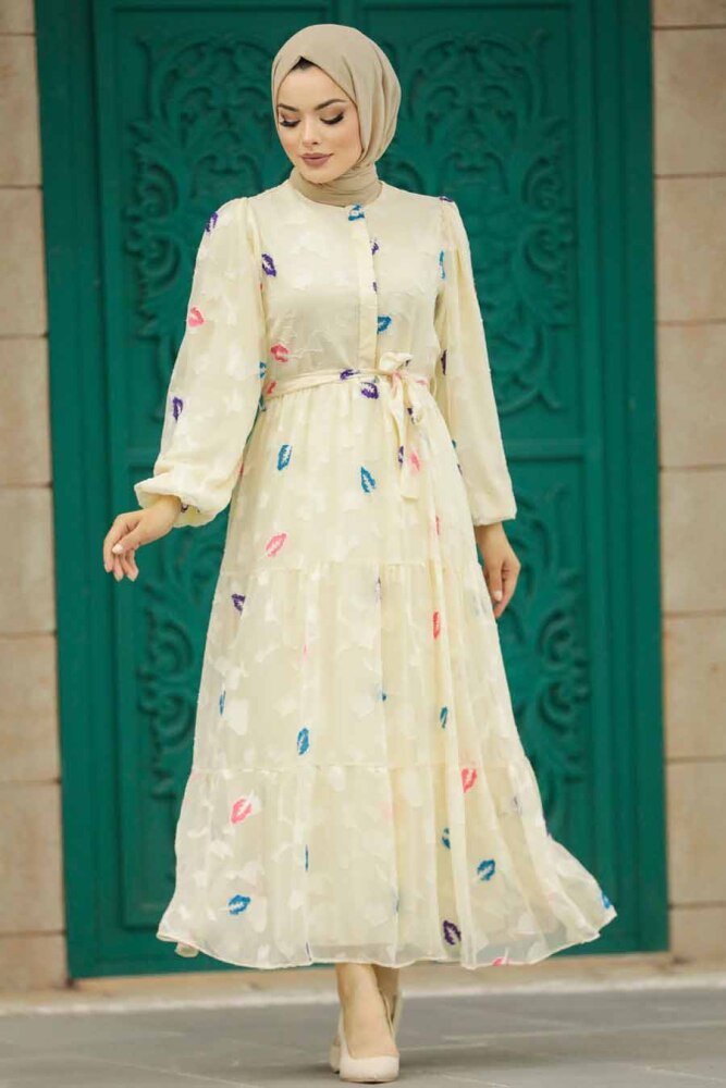 Beige Hijab Maxi Dress 13025BEJ - 1