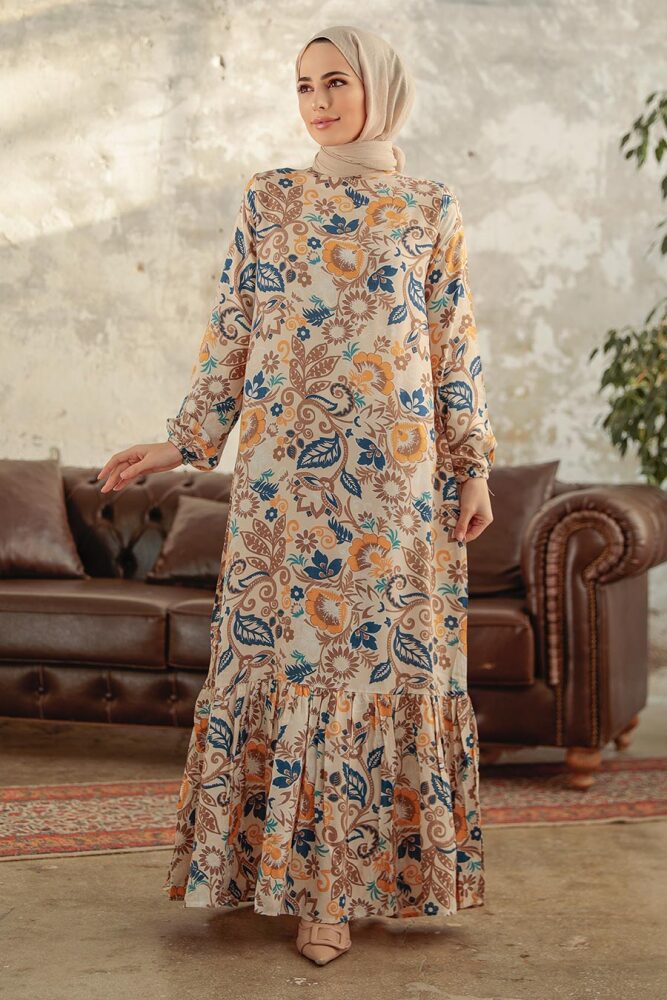 Beige Hijab Maxi Dress 15717BEJ - 1