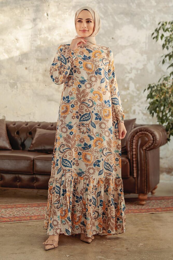 Beige Hijab Maxi Dress 15717BEJ - 2