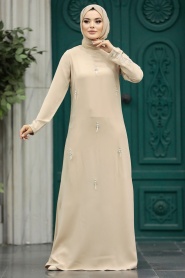 Neva Style - Beige Hijab Maxi Dress 30024BEJ - Thumbnail