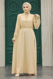 Neva Style - Beige Hijab Maxi Dress 5852BEJ - Thumbnail