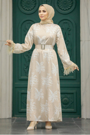 Beige Hijab Maxi Dress 77301BEJ - 2