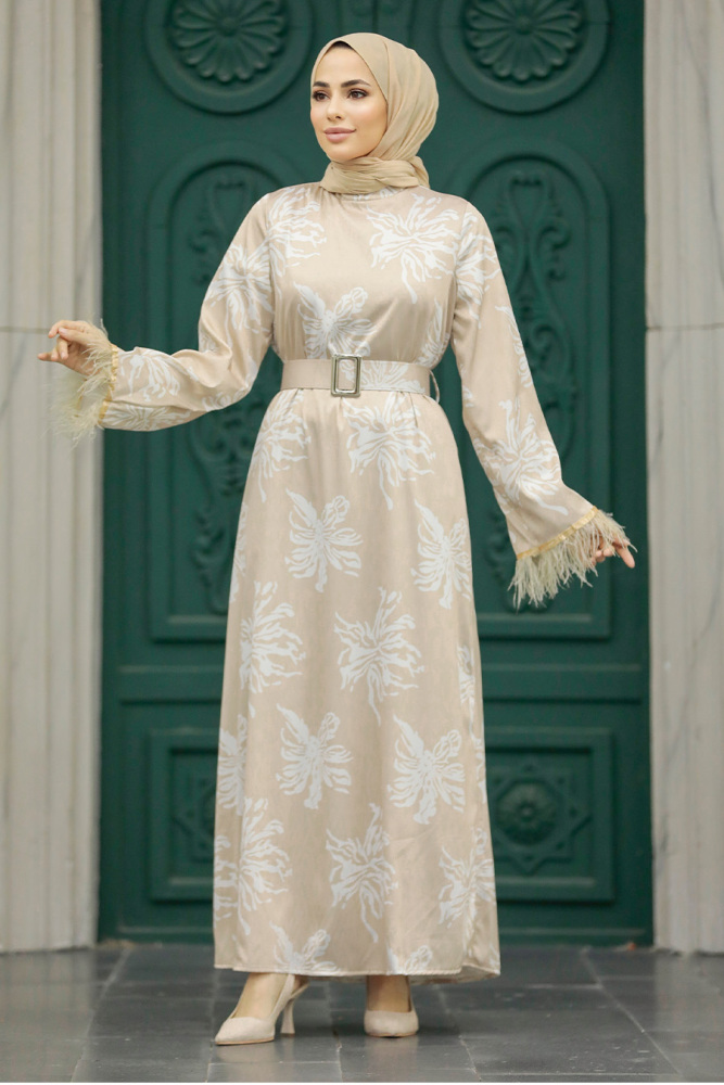 Beige Hijab Maxi Dress 77301BEJ - 2