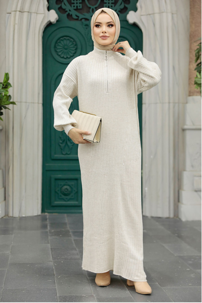 Neva Style - Beige Hijab Maxi Knitwear Dress 4852BEJ - 2