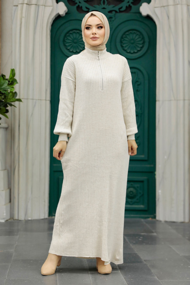Neva Style - Beige Hijab Maxi Knitwear Dress 4852BEJ - 1