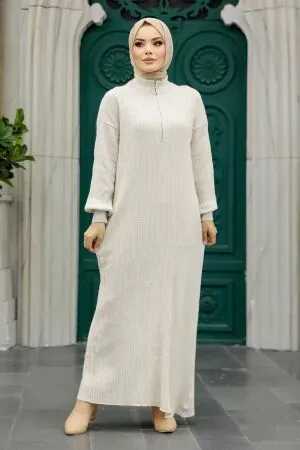 Neva Style - Beige Hijab Maxi Knitwear Dress 4852BEJ - 1