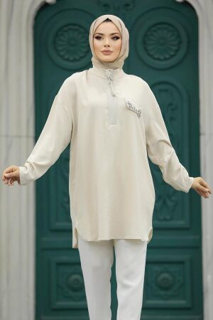 Neva Style - Beige Hijab Turkish Tunic 10224BEJ - Thumbnail