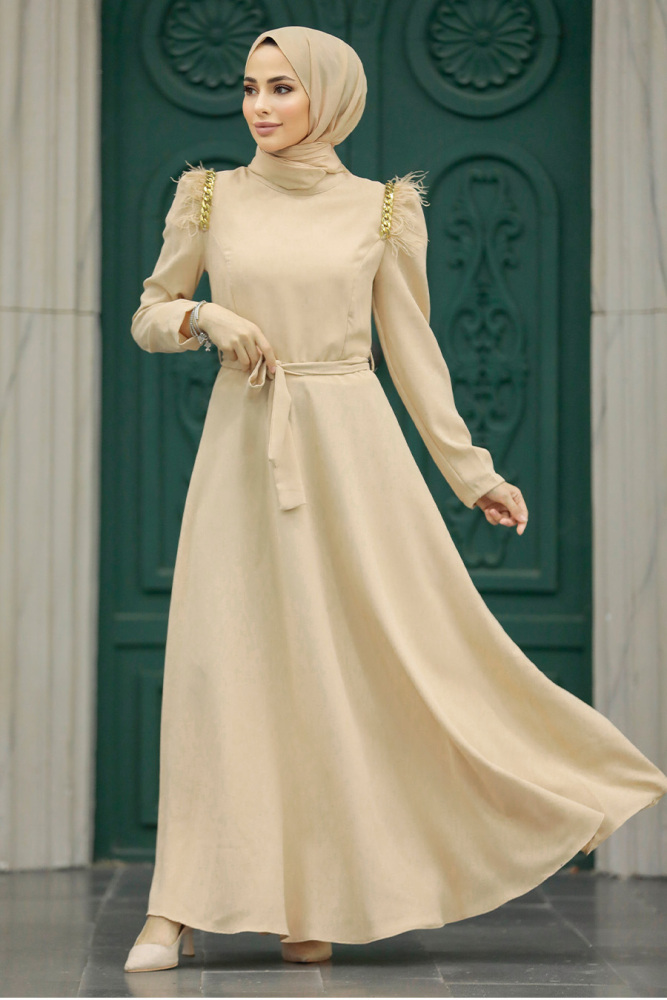 Beige Islamic Long Sleeve Maxi Dress 20481BEJ - 1