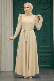 Neva Style - Beige Islamic Long Sleeve Maxi Dress 20481BEJ - Thumbnail