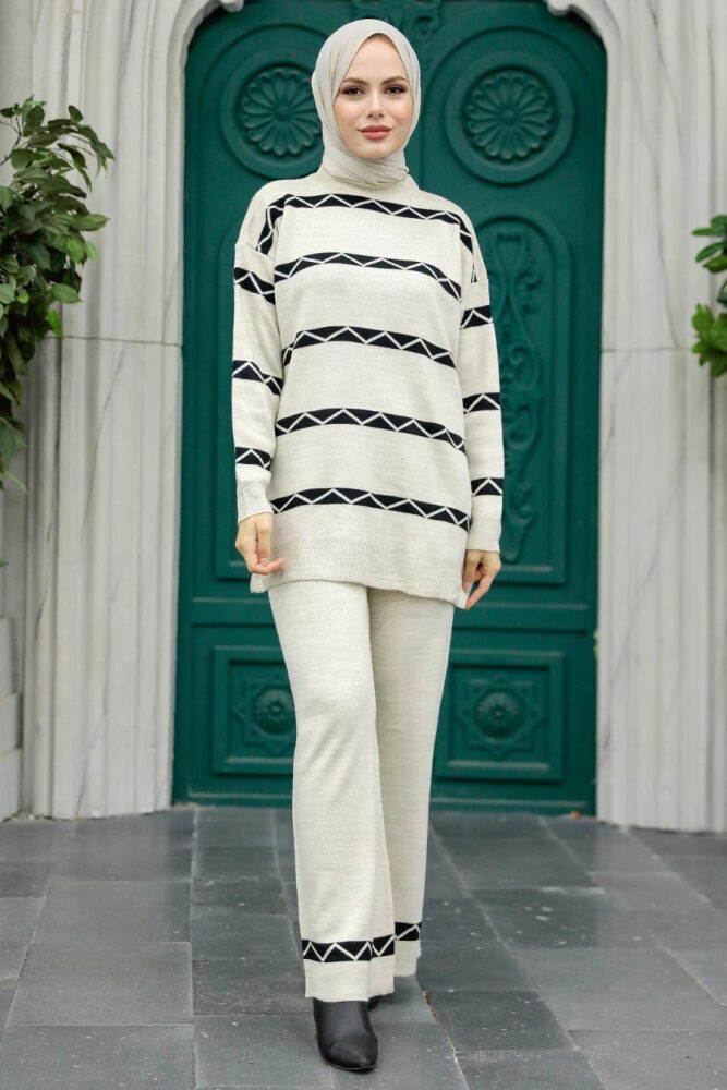 Beige Knitwear Modest Dual Suit 6396BEJ - 2