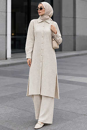 Neva Style - Beige Knitwear Hijab Turkish Dual Suit 34181BEJ 