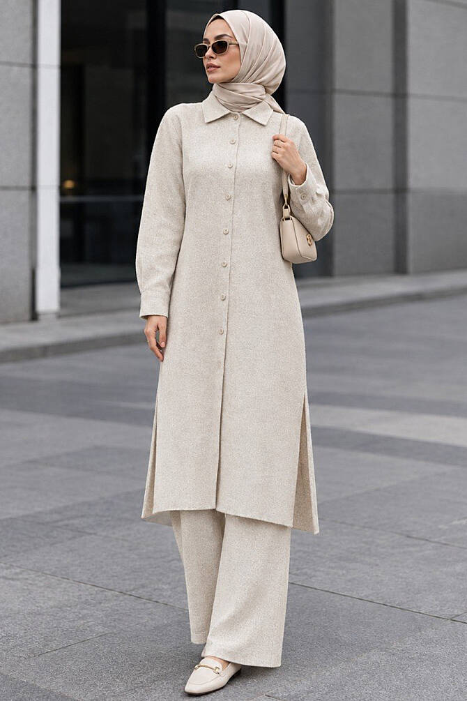 Neva Style - Beige Knitwear Hijab Turkish Dual Suit 34181BEJ - 1