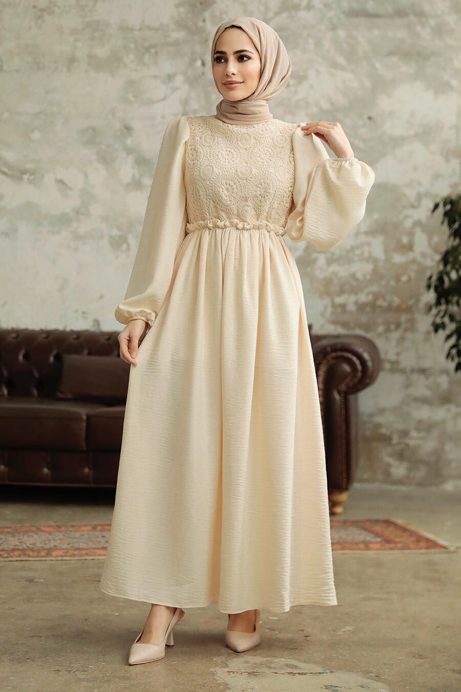 Neva Style Beige Long Dress for Muslim Ladies 5857BEJ tesetturisland