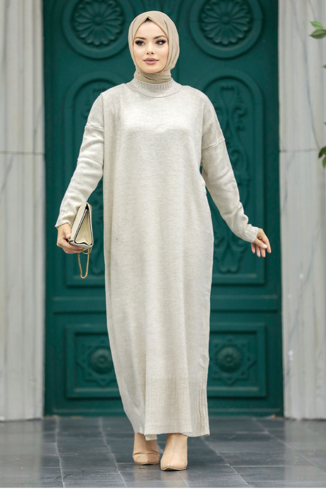 Neva Style - Beige Long Dress for Muslim Ladies Knitwear Dress 3409BEJ - 5