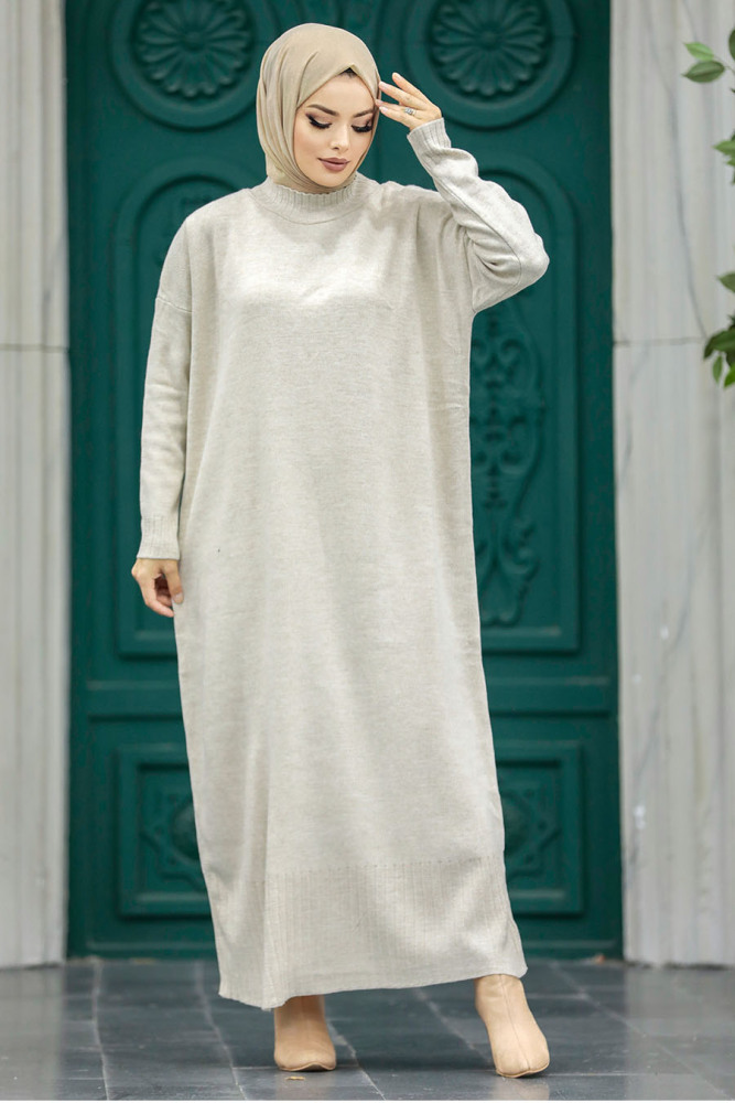 Neva Style - Beige Long Dress for Muslim Ladies Knitwear Dress 3409BEJ - 6