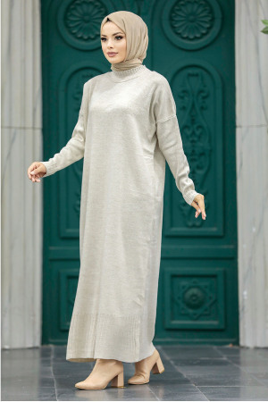 Neva Style - Beige Long Dress for Muslim Ladies Knitwear Dress 3409BEJ - 1