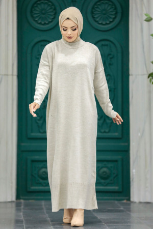 Neva Style - Beige Long Dress for Muslim Ladies Knitwear Dress 3409BEJ - 2