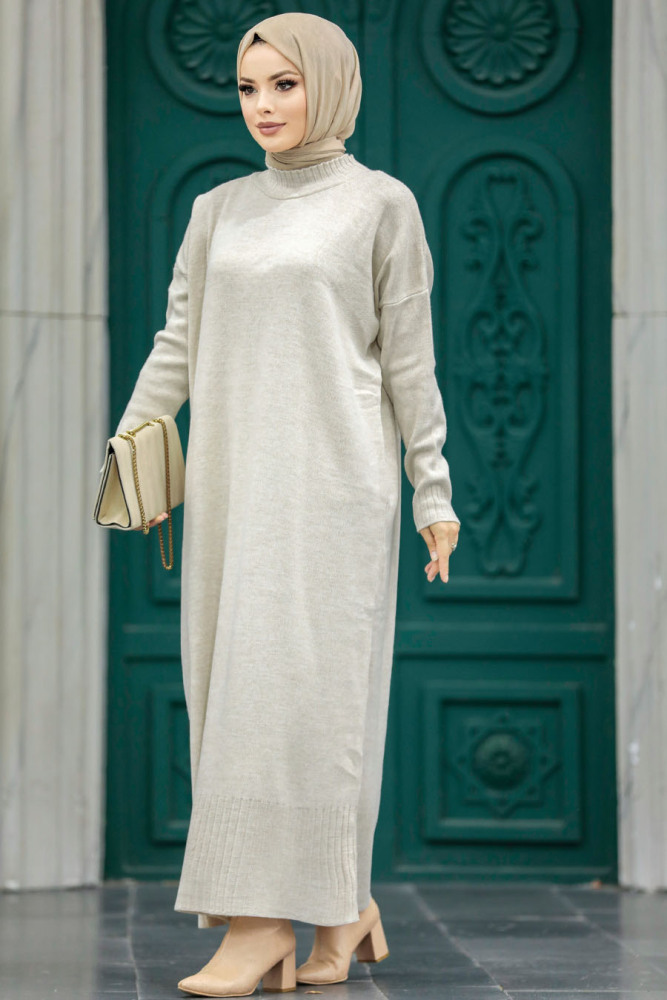 Neva Style - Beige Long Dress for Muslim Ladies Knitwear Dress 3409BEJ - 3