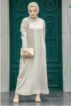 Neva Style - Beige Long Dress for Muslim Ladies Knitwear Dress 3409BEJ - 4