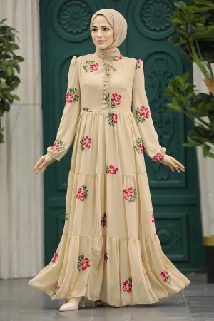 Beige Long Muslim Dress 29061BEJ - 2