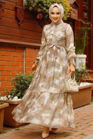 Neva Style - Beige Long Muslim Dress 33560BEJ - Thumbnail