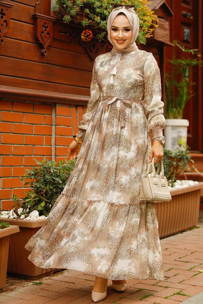 Beige Long Muslim Dress 33560BEJ - 1
