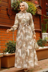 Neva Style - Beige Long Muslim Dress 33560BEJ - Thumbnail