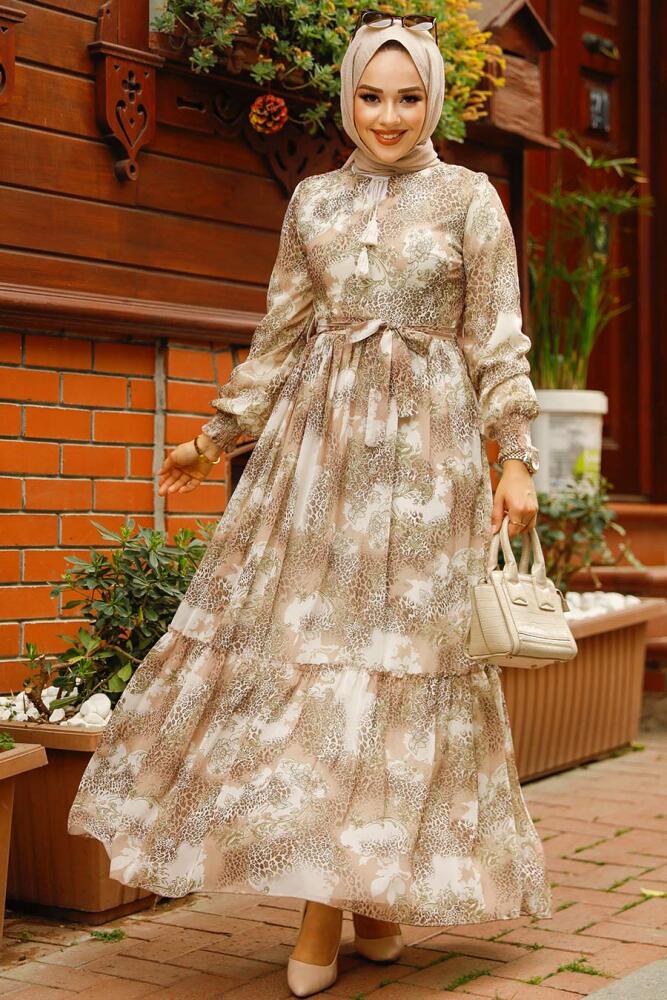 Beige Long Muslim Dress 33560BEJ - 2