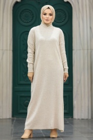Neva Style - Beige Long Muslim Knitwear Dress 33671BEJ - Thumbnail