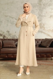 Neva Style - Beige Long Sleeve Coat 11341BEJ - Thumbnail