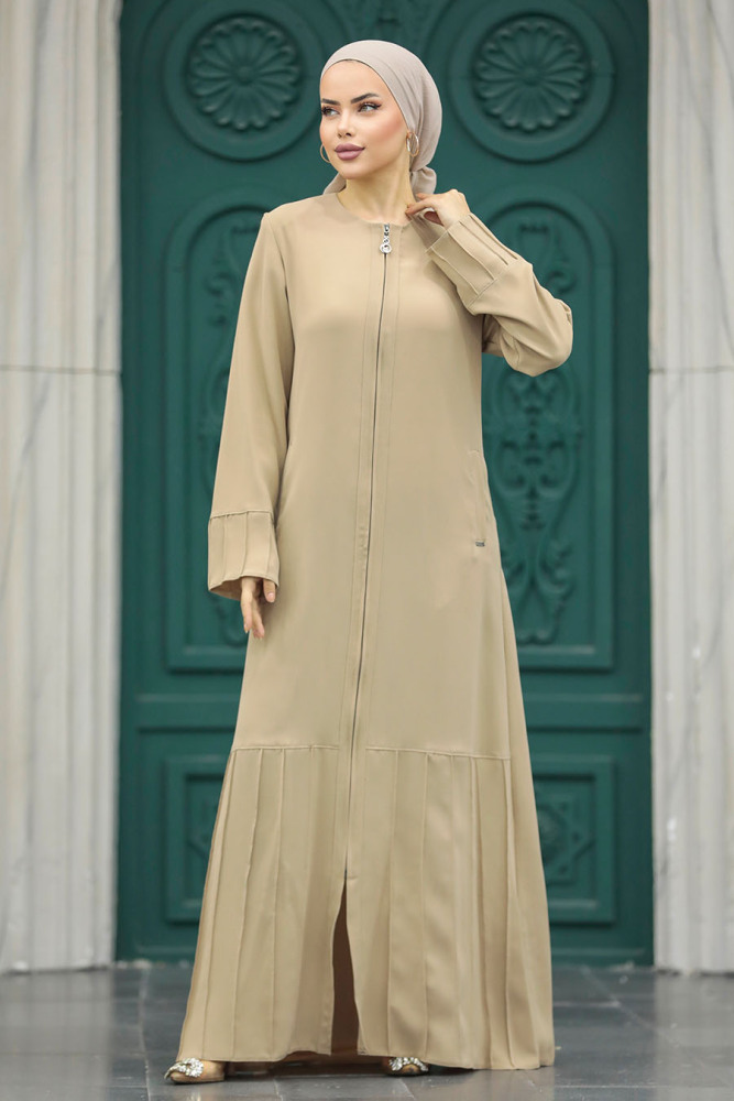 Beige Long Turkish Abaya 20018BEJ - 3