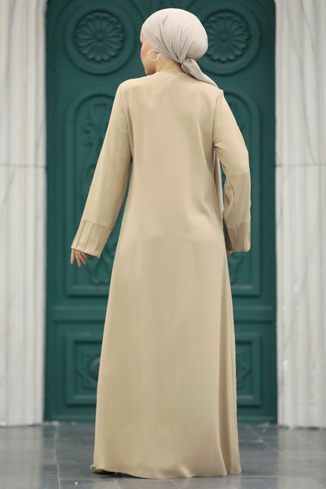 Beige Long Turkish Abaya 20018BEJ - 4