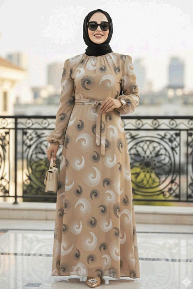 Beige Modest Dress 27945BEJ - 1