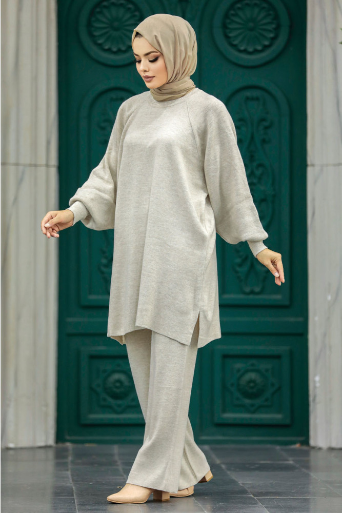 Beige Modest Knitwear Dual Suit 34262BEJ - 1
