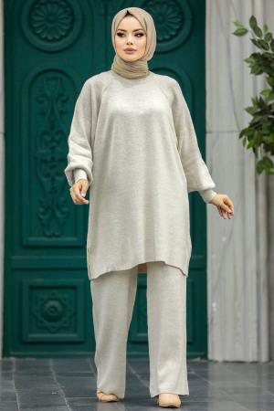 Beige Modest Knitwear Dual Suit 34262BEJ - 2