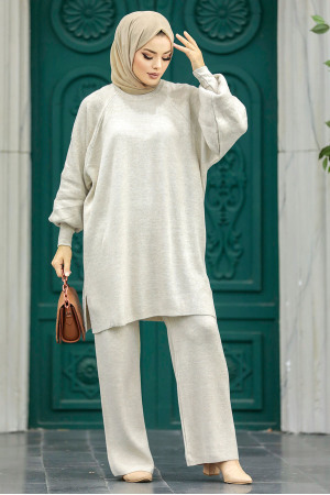 Beige Modest Knitwear Dual Suit 34262BEJ - 3