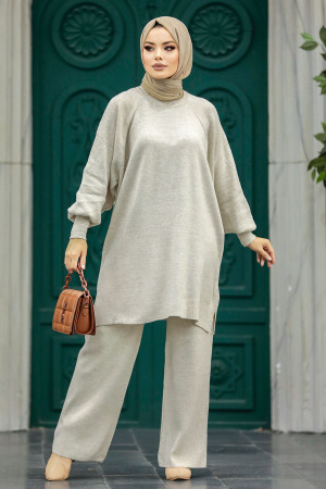 Beige Modest Knitwear Dual Suit 34262BEJ - 4